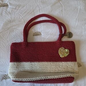 The Sak Red and Cream Crochet Tote